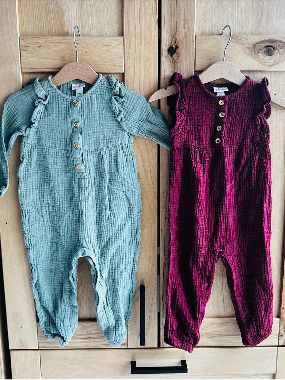 Cat & Jack Muslin Ruffle Rompers - Sage Green & Berry bundle